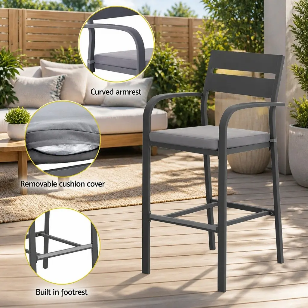 Outdoor Dining Set High Table with 2 Stools Aluminium Frame UV Resistant Grey Cushions