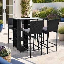 5-Piece Outdoor Bar Set Patio Dining Wicker Table Stools Black Chairs Glass Top
