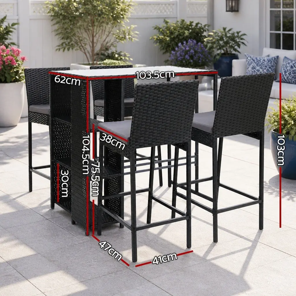 5 Piece Outdoor Bar Set Wicker Table and Stools Black with Glass Top