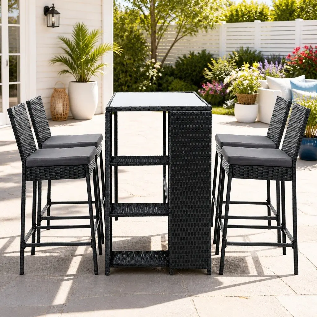 5 Piece Outdoor Bar Set Wicker Table and Stools Black with Glass Top