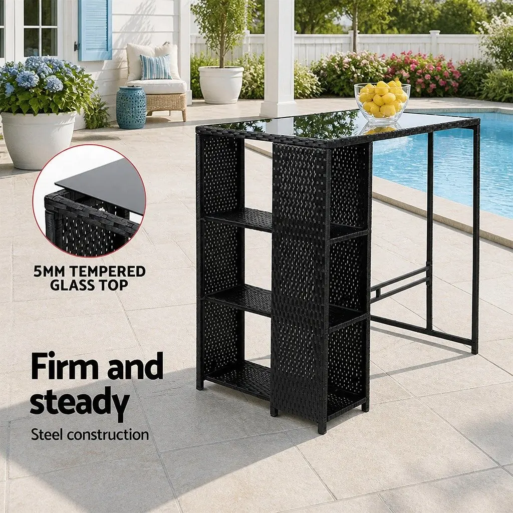 5 Piece Outdoor Bar Set Wicker Table and Stools Black with Glass Top