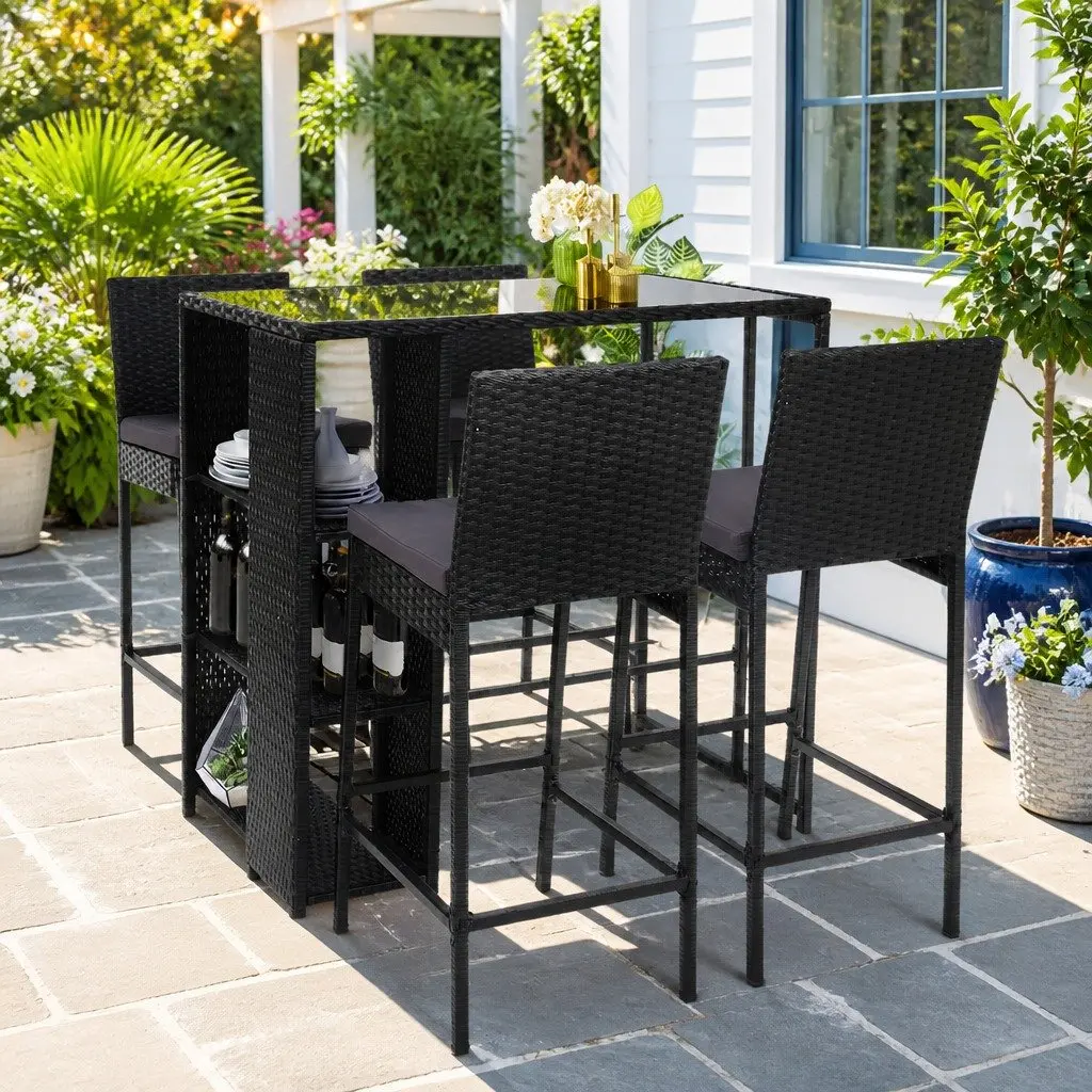 5 Piece Outdoor Bar Set Wicker Table and Stools Black with Glass Top
