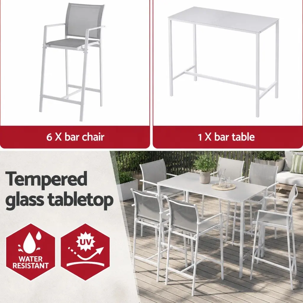 Outdoor Bar Stools Dining Set 7 Piece Steel Patio Furniture White