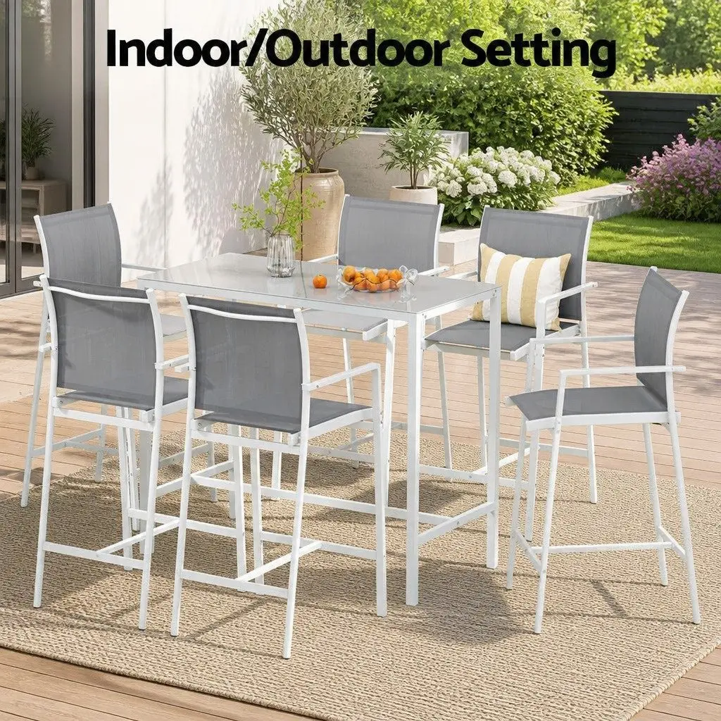 Outdoor Bar Stools Dining Set 7 Piece Steel Patio Furniture White