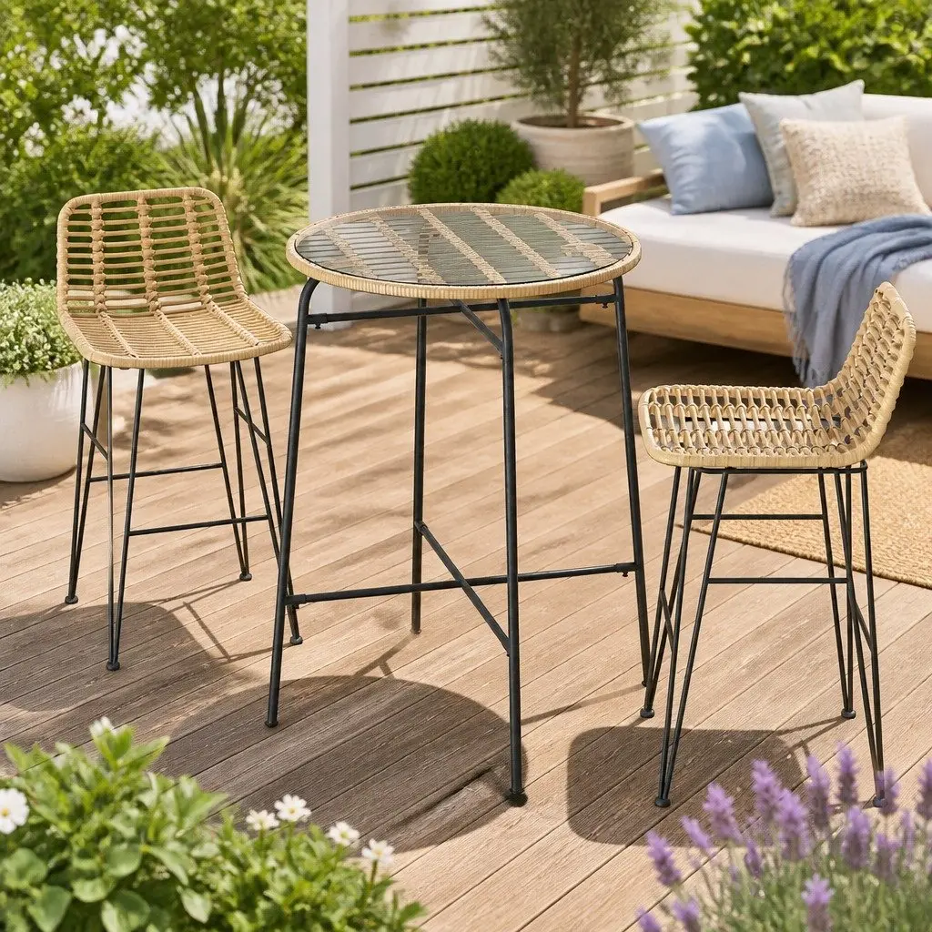Outdoor Bar Set 3-Piece Wicker Chairs Table Patio Bistro Furniture