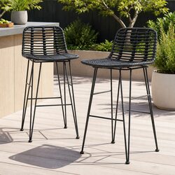 Bar Stools Outdoor Wicker Set 2x Black Hand-Woven Rattan Garden Furniture