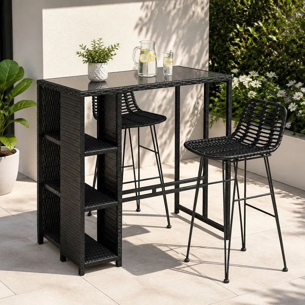 Outdoor Bar Set Patio Dining Furniture with Wicker Chairs Table Black