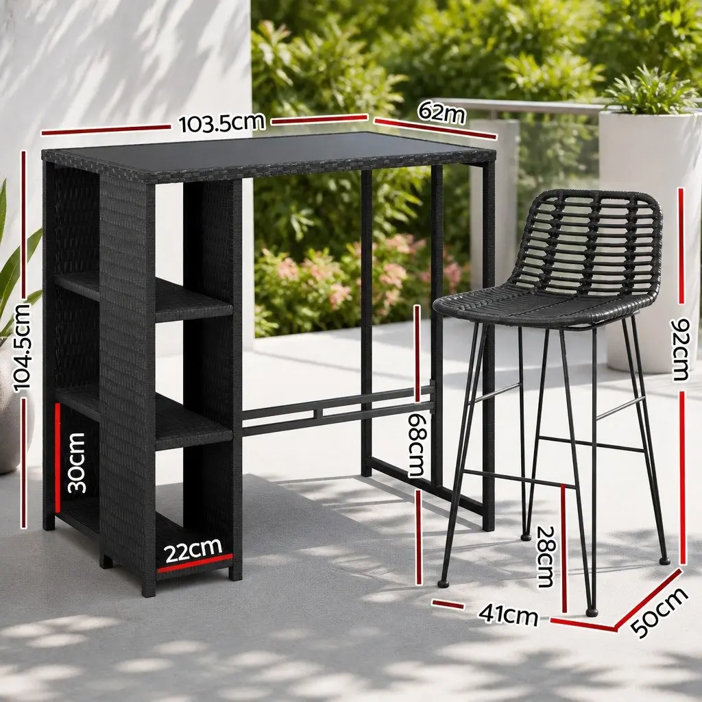 Outdoor Dining Set Bar Table with Wicker Chairs Black