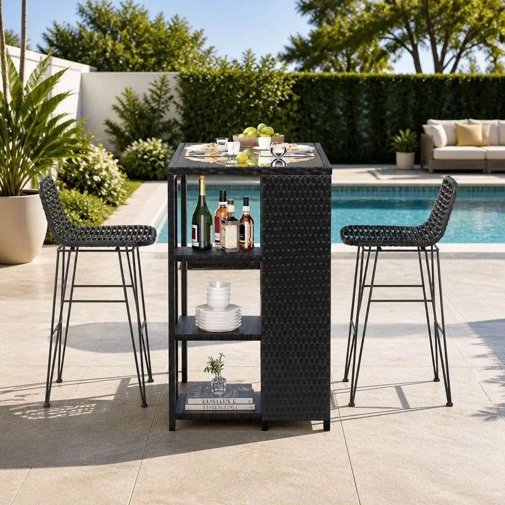 Outdoor Dining Set Bar Table with Wicker Chairs Black