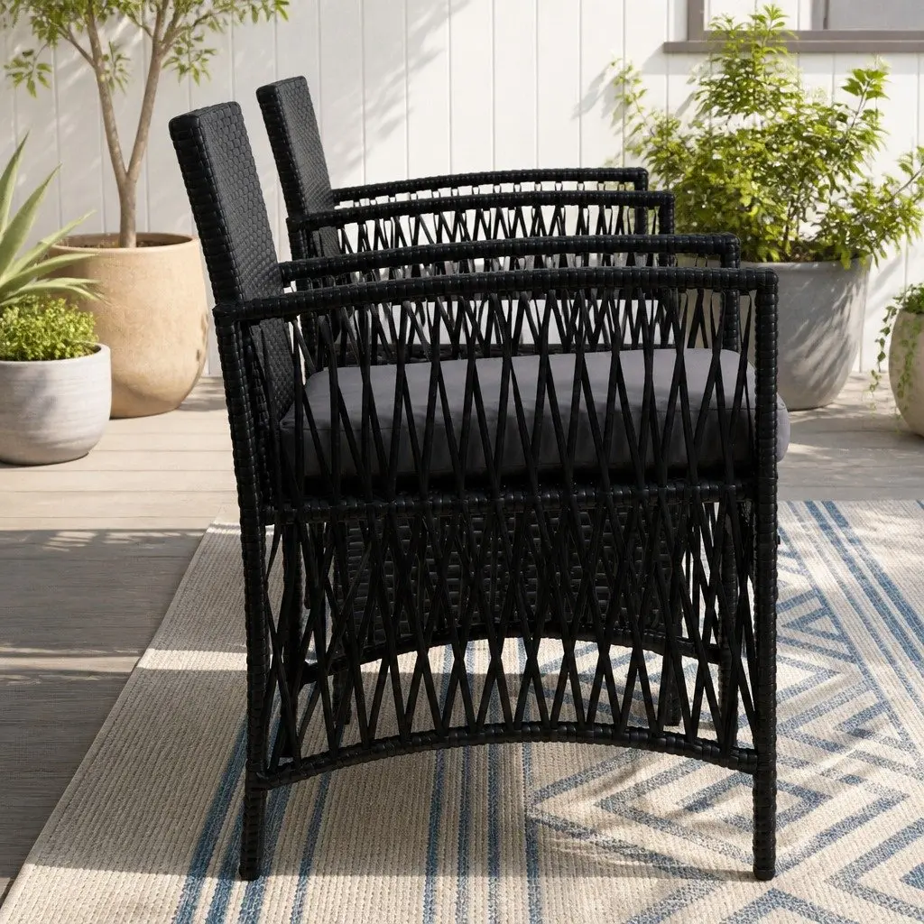 3 Piece Outdoor Bistro Set Patio Dining Chairs Table Wicker Cushion Black