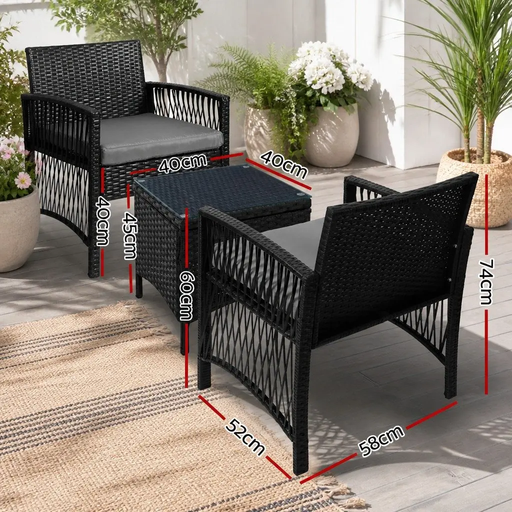3 Piece Outdoor Bistro Set Wicker Dining Chairs Table Black
