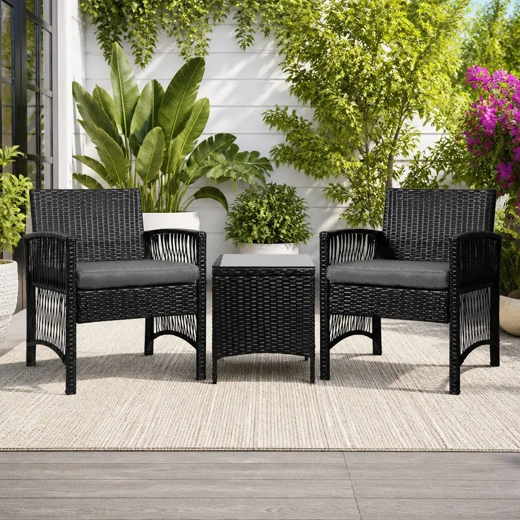 3 Piece Outdoor Bistro Set Wicker Dining Chairs Table Black