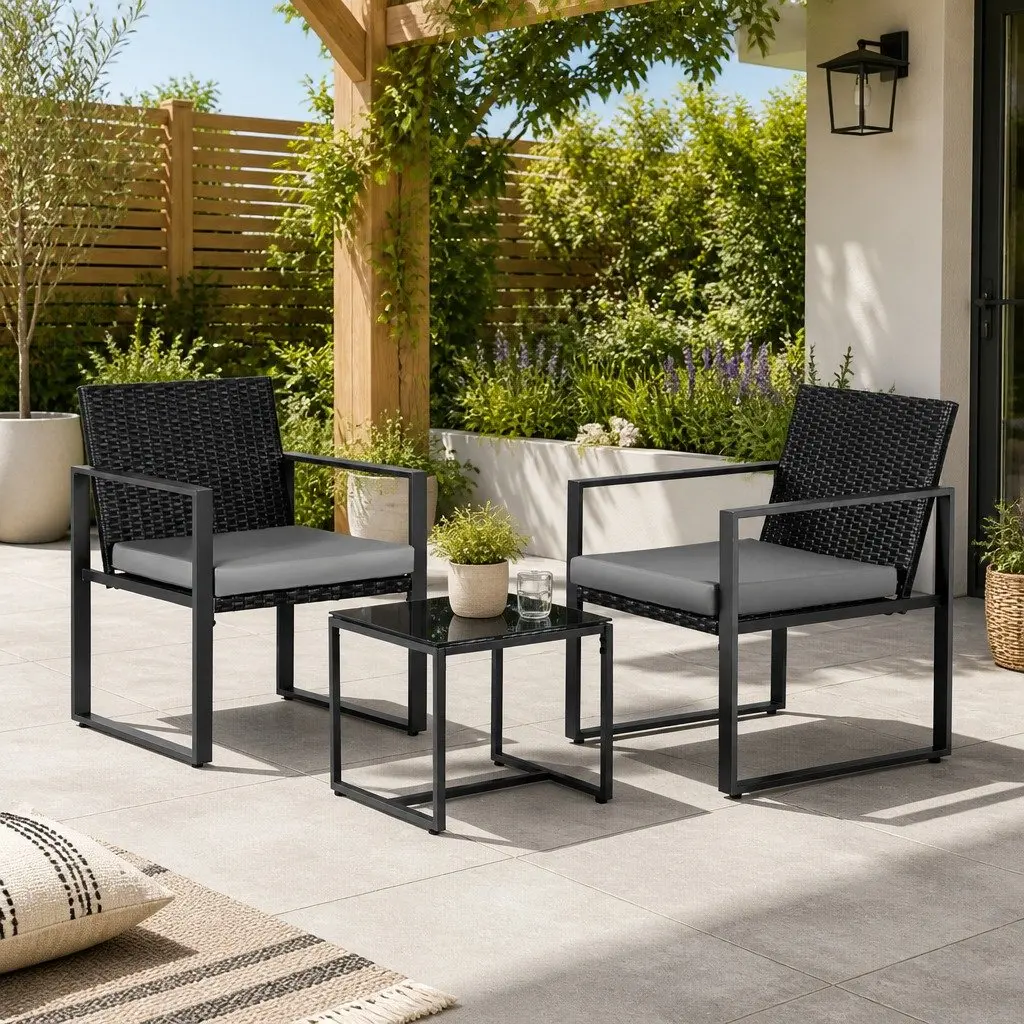 3PC Outdoor Dining Set Bistro Chairs Table Handwoven PE Rattan Steel Frame Black