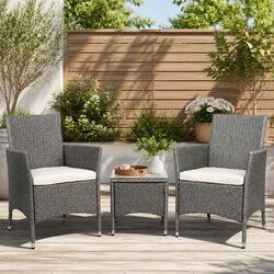 3-Piece Outdoor Bistro Set Grey Wicker Chairs Side Table Patio Furniture Cushion
