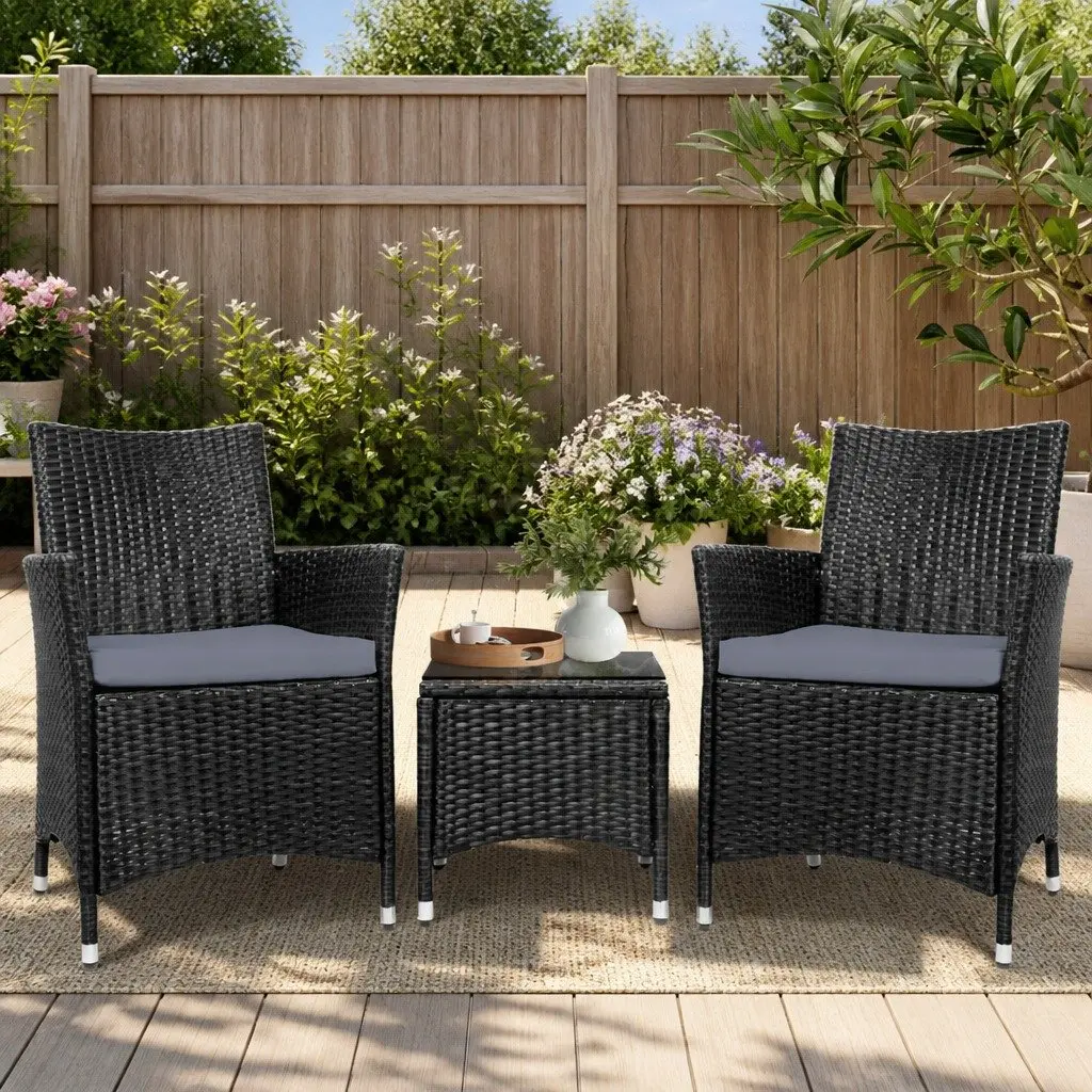 3 Piece Outdoor Bistro Set Patio Wicker Chairs Side Table with Cushions Black