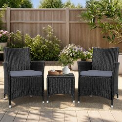 3 Piece Outdoor Bistro Set Patio Wicker Chairs Side Table with Cushions Black