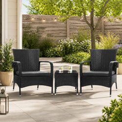 3 Piece Outdoor Bistro Set Patio Furniture Wicker Chairs and Coffee Table Black
