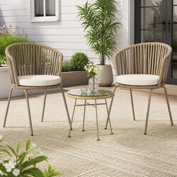 3 Piece Outdoor Bistro Set Patio Furniture Rope Chairs Coffee Table Brown Beige
