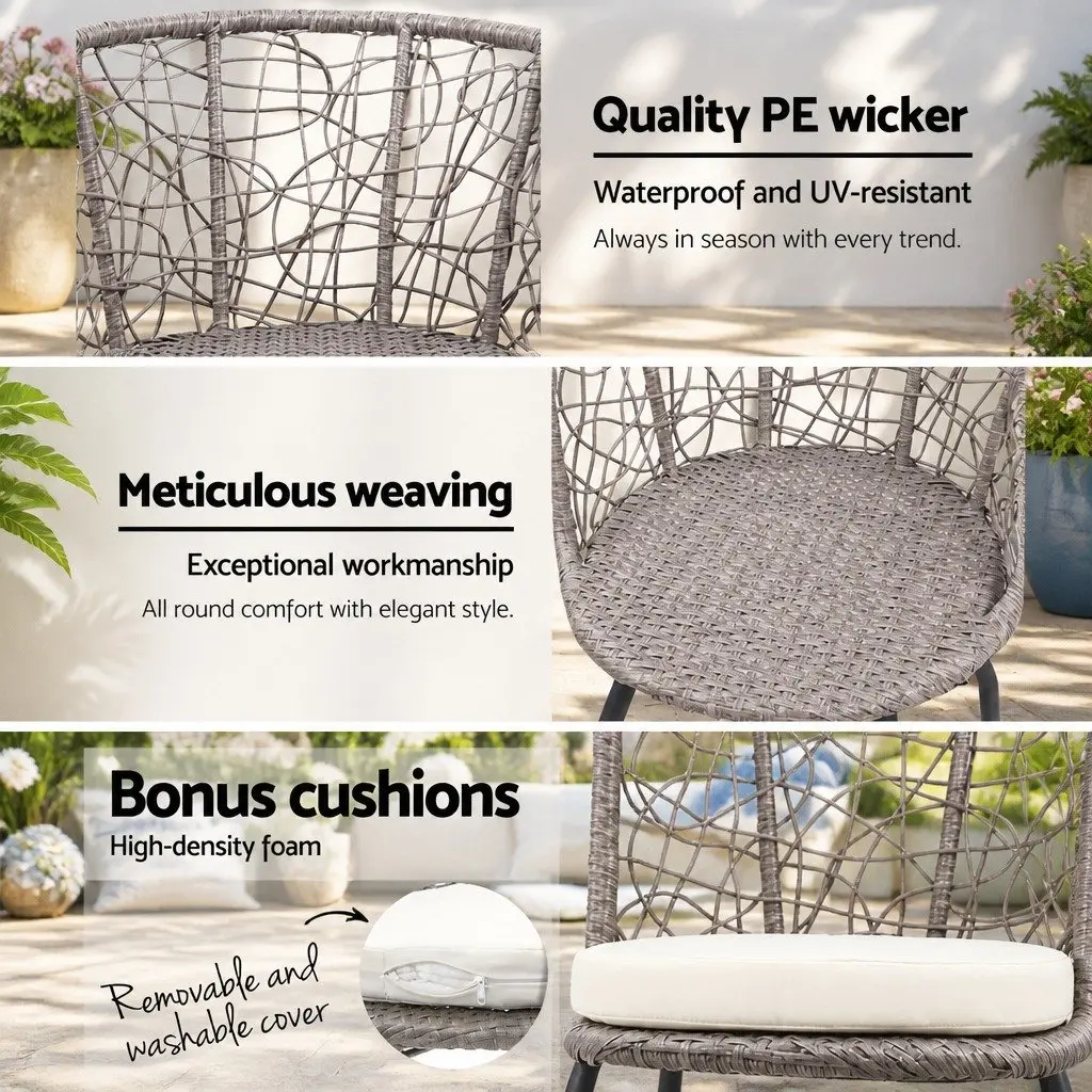 3PC Outdoor Rattan Bistro Set Round Table Chairs Grey PE Wicker with Cushions