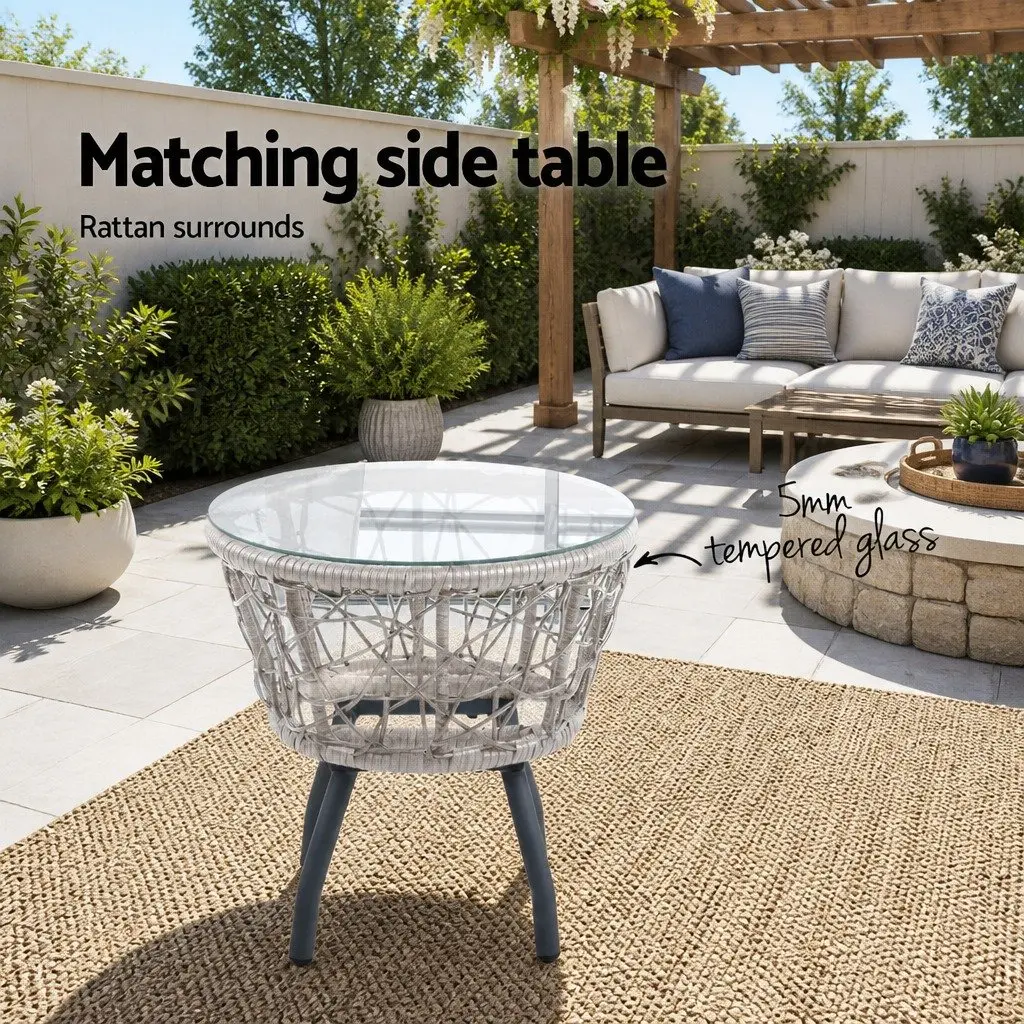 3PC Outdoor Rattan Bistro Set Round Table Chairs Grey PE Wicker with Cushions