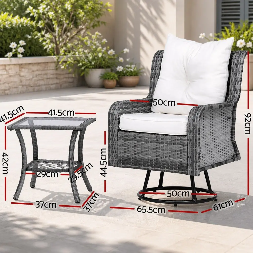 3-Piece Outdoor Bistro Set Swivel Chairs Side Table Wicker Lounge Furniture Grey