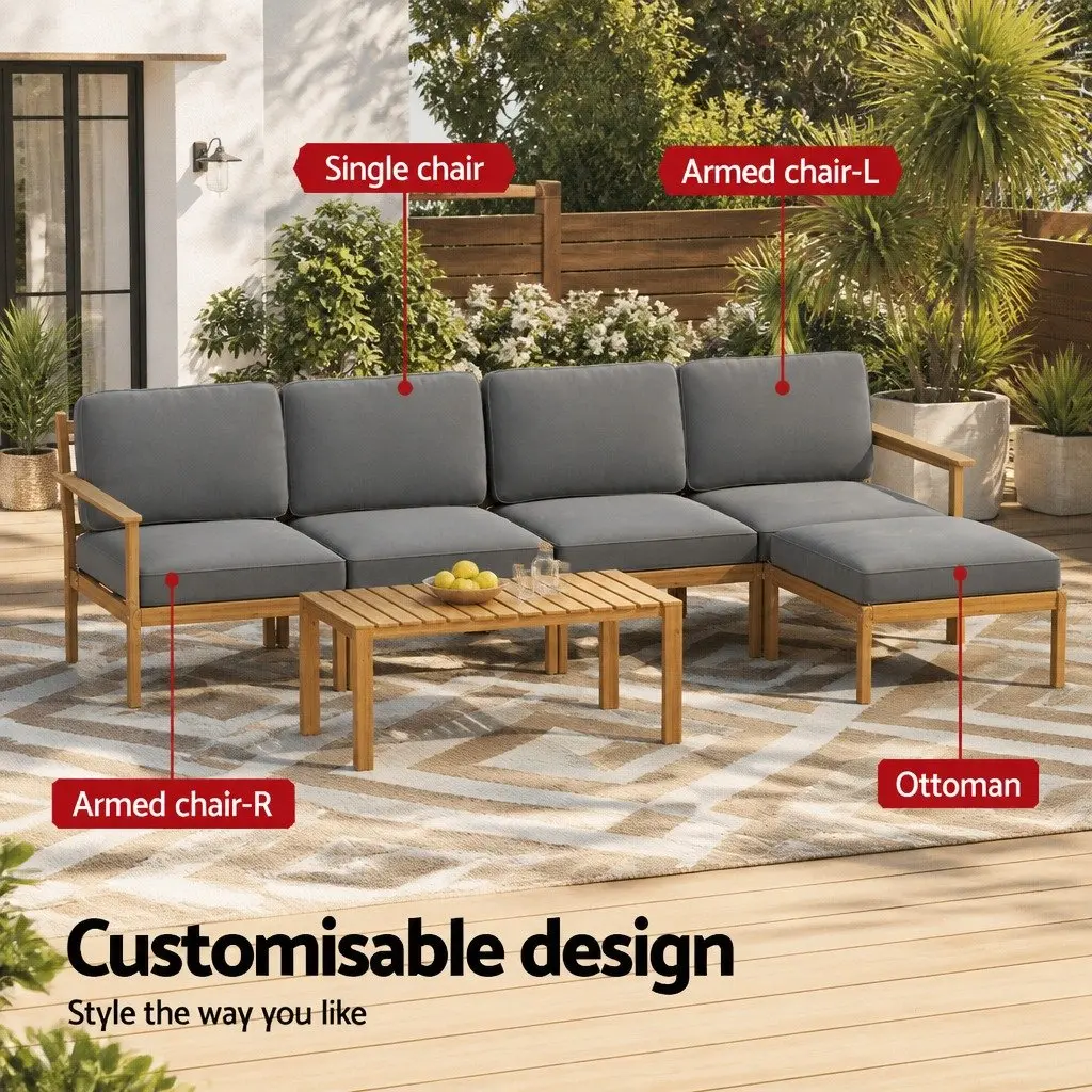 Outdoor Sofa Set 5-Seater Wooden Lounge 6 Pieces Natural Grey Water-Resistant Cushions