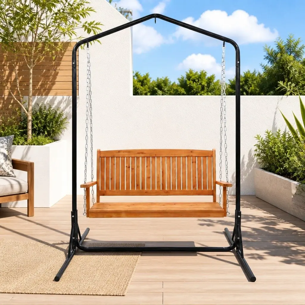 2-Seater Outdoor Swing Chair with Stand Wooden Seat Metal Chains Teak Black