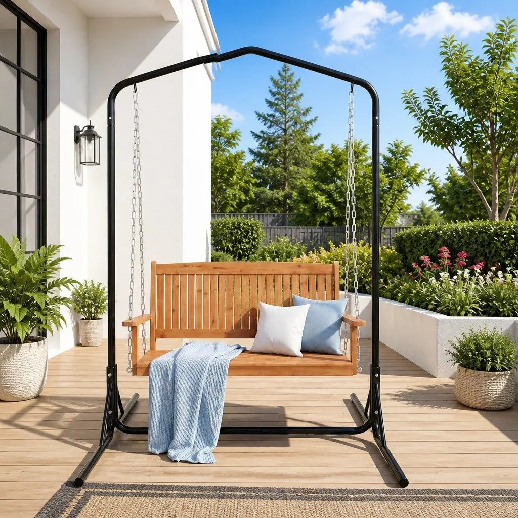 2-Seater Outdoor Swing Chair with Stand Wooden Seat Metal Chains Teak Black