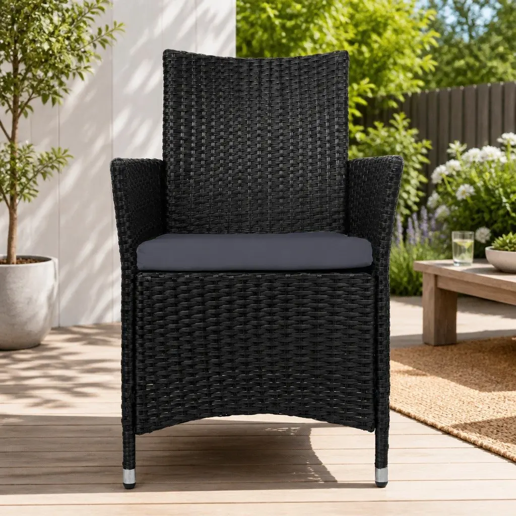 Outdoor Chairs Wicker Black Cushion 2 Piece Set Weather Resistant PE Wicker