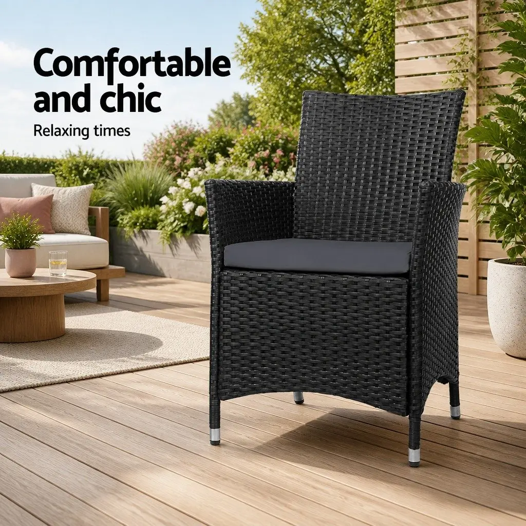 Outdoor Chairs Wicker Black Cushion 2 Piece Set Weather Resistant PE Wicker