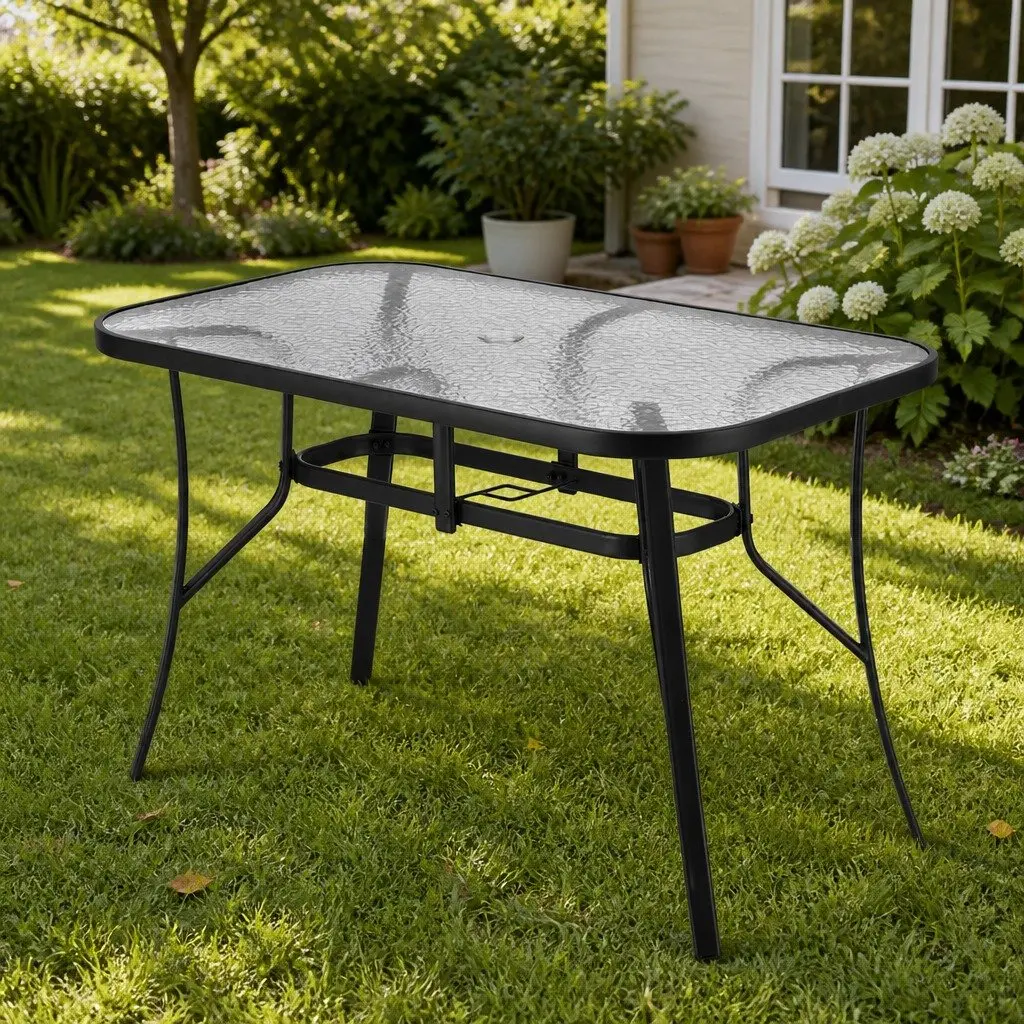 Outdoor Dining Table 120cm Steel Frame Tempered Glass Patio Furniture Parasol