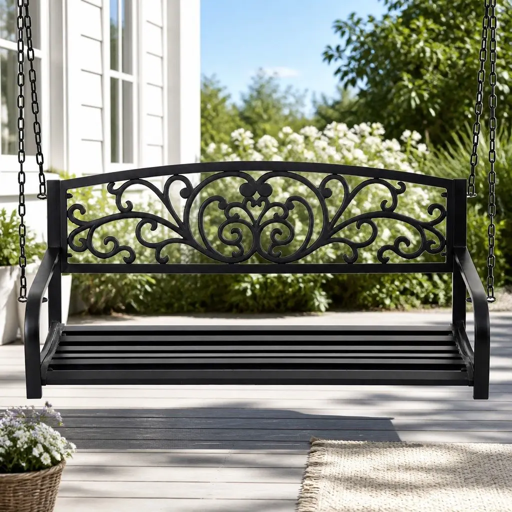 2 Seater Outdoor Porch Swing Chair Patio Furniture Metal Chain Backrest Black