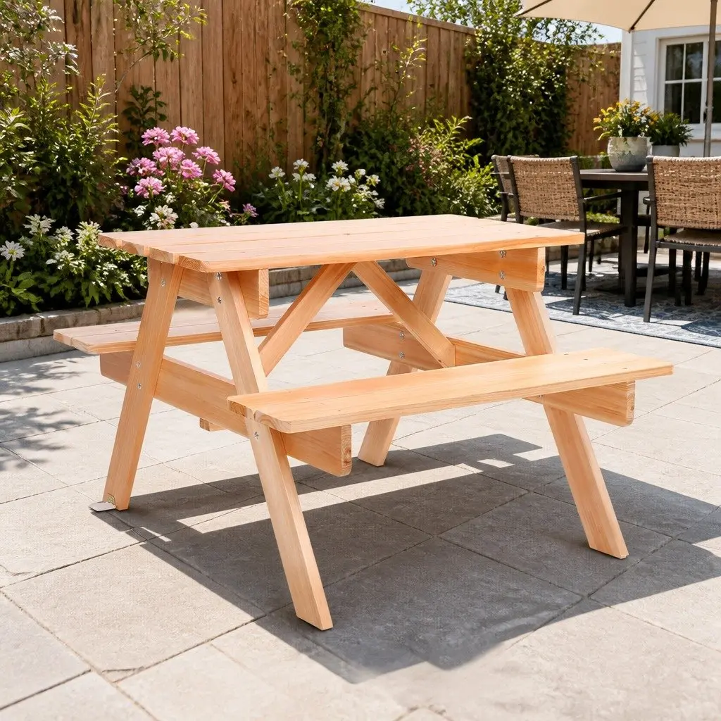 Kids Picnic Table and Bench Set Outdoor Wooden Dining Furniture Natural Fir for Ages 3 to 8 Years