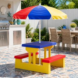 Kids Table and Chairs Set with Umbrella Indoor Outdoor Picnic Bench Play