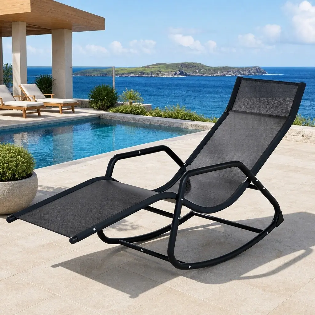 Rocking Lounge Chair Weather Resistant Steel Frame Black Textilene Fabric Outdoor Lounger