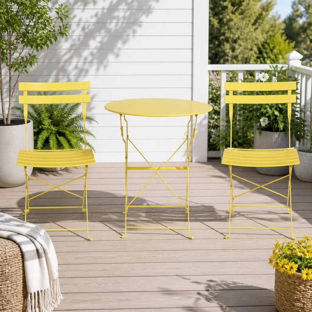3 Piece Outdoor Bistro Set Steel Table Chairs Patio Furniture Yellow Foldable