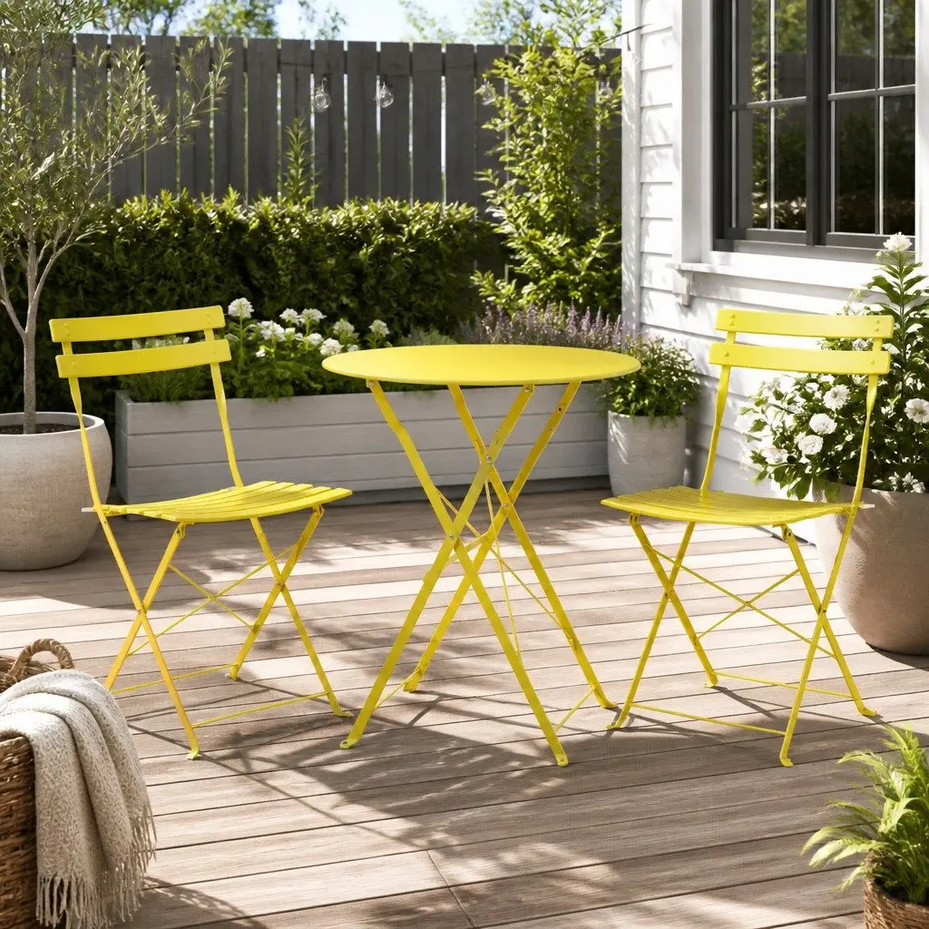 3 Piece Outdoor Bistro Set Steel Table Chairs Patio Furniture Yellow Foldable