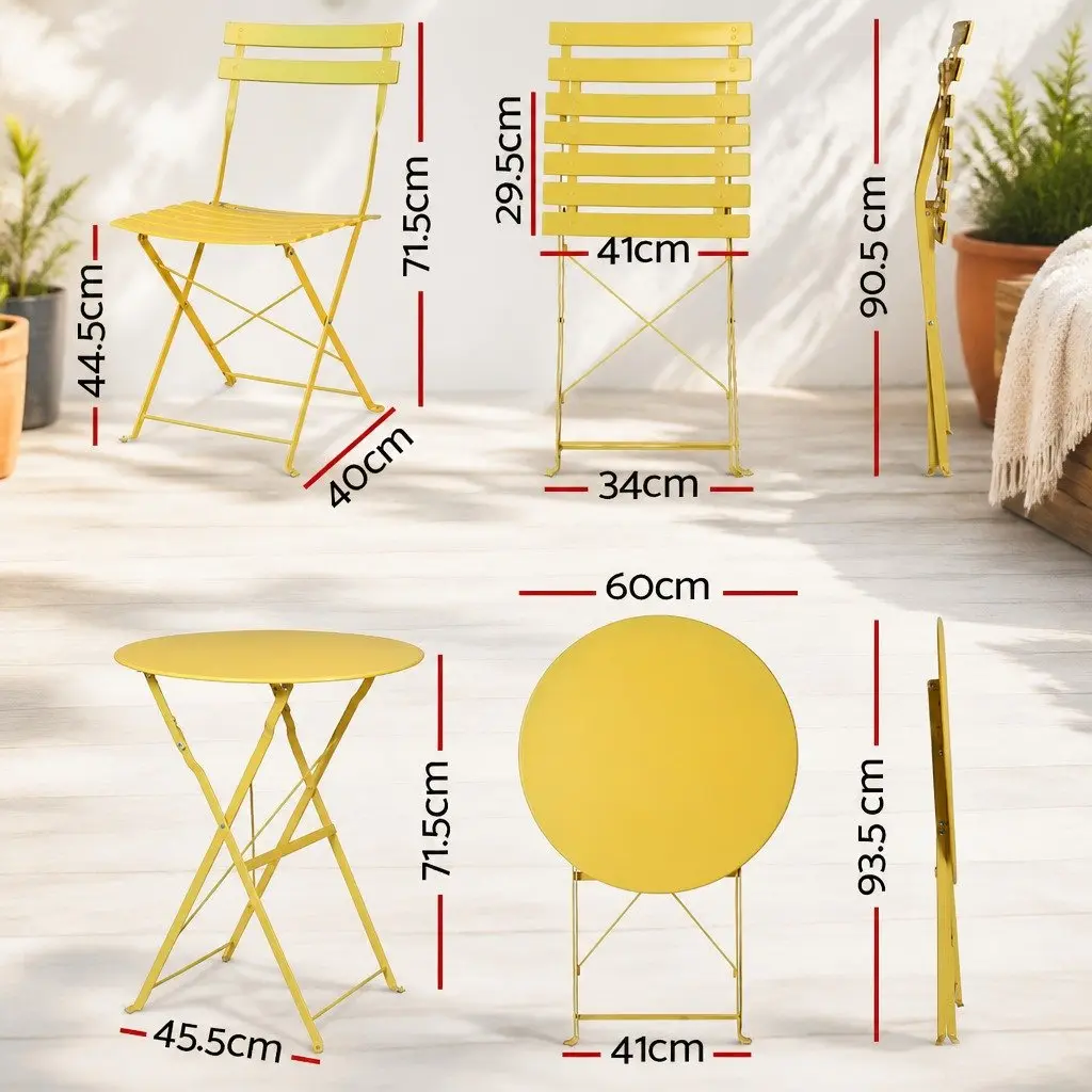 3 Piece Outdoor Bistro Set Steel Table Chairs Patio Furniture Yellow Foldable