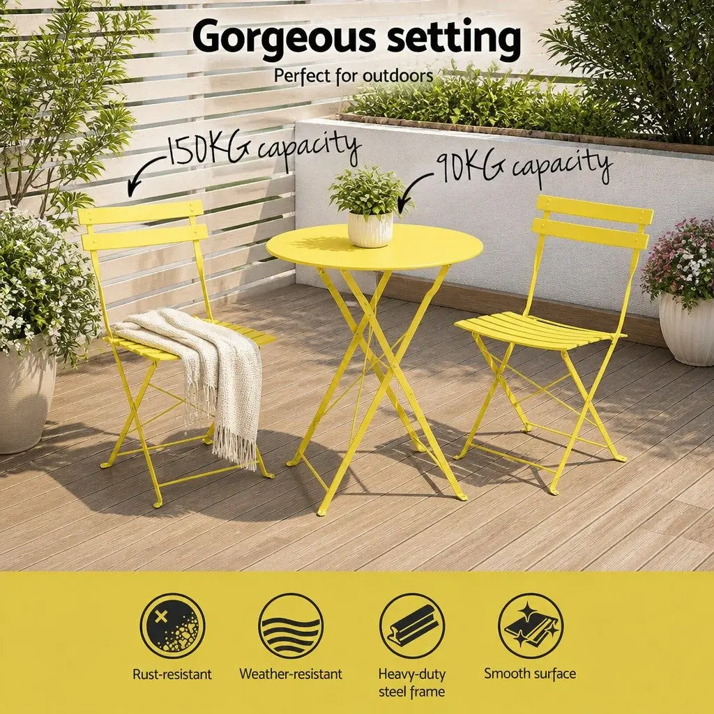 3 Piece Outdoor Bistro Set Steel Table Chairs Patio Furniture Yellow Foldable