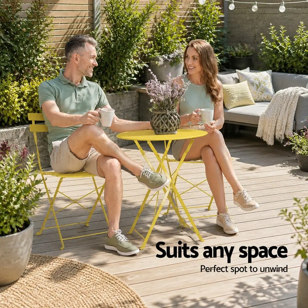 3 Piece Outdoor Bistro Set Steel Table Chairs Patio Furniture Yellow Foldable