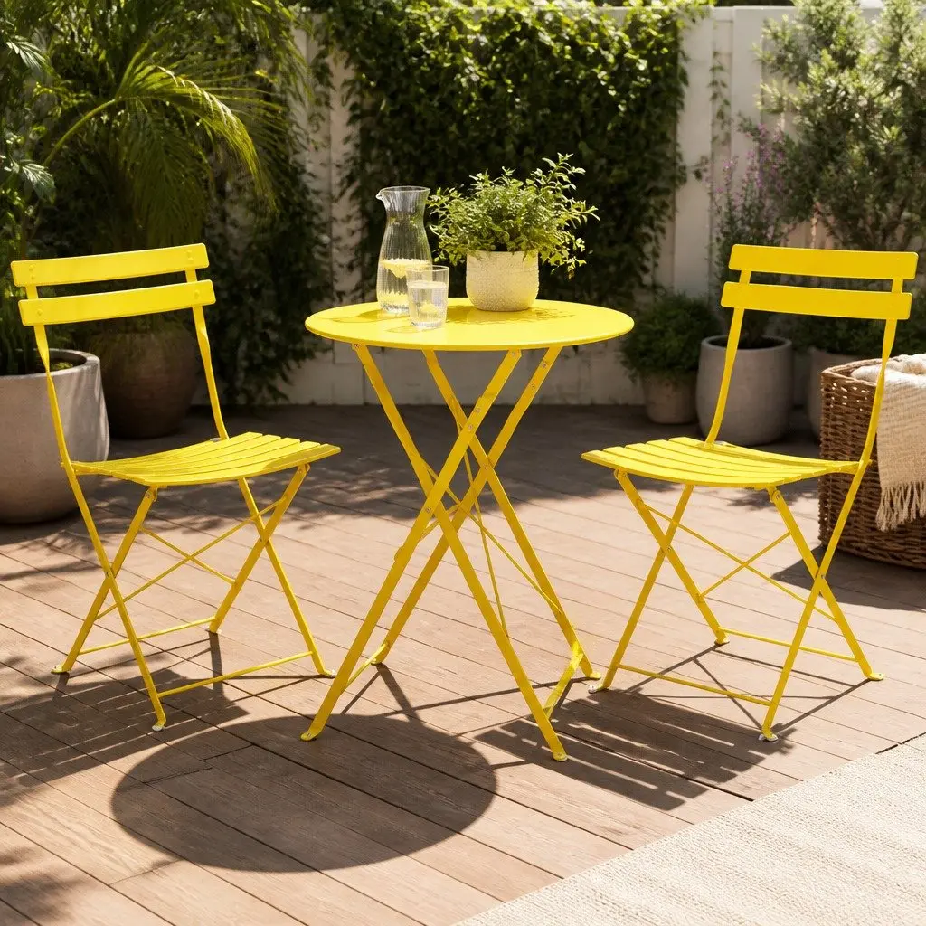 3 Piece Outdoor Bistro Set Steel Table Chairs Patio Furniture Yellow Foldable