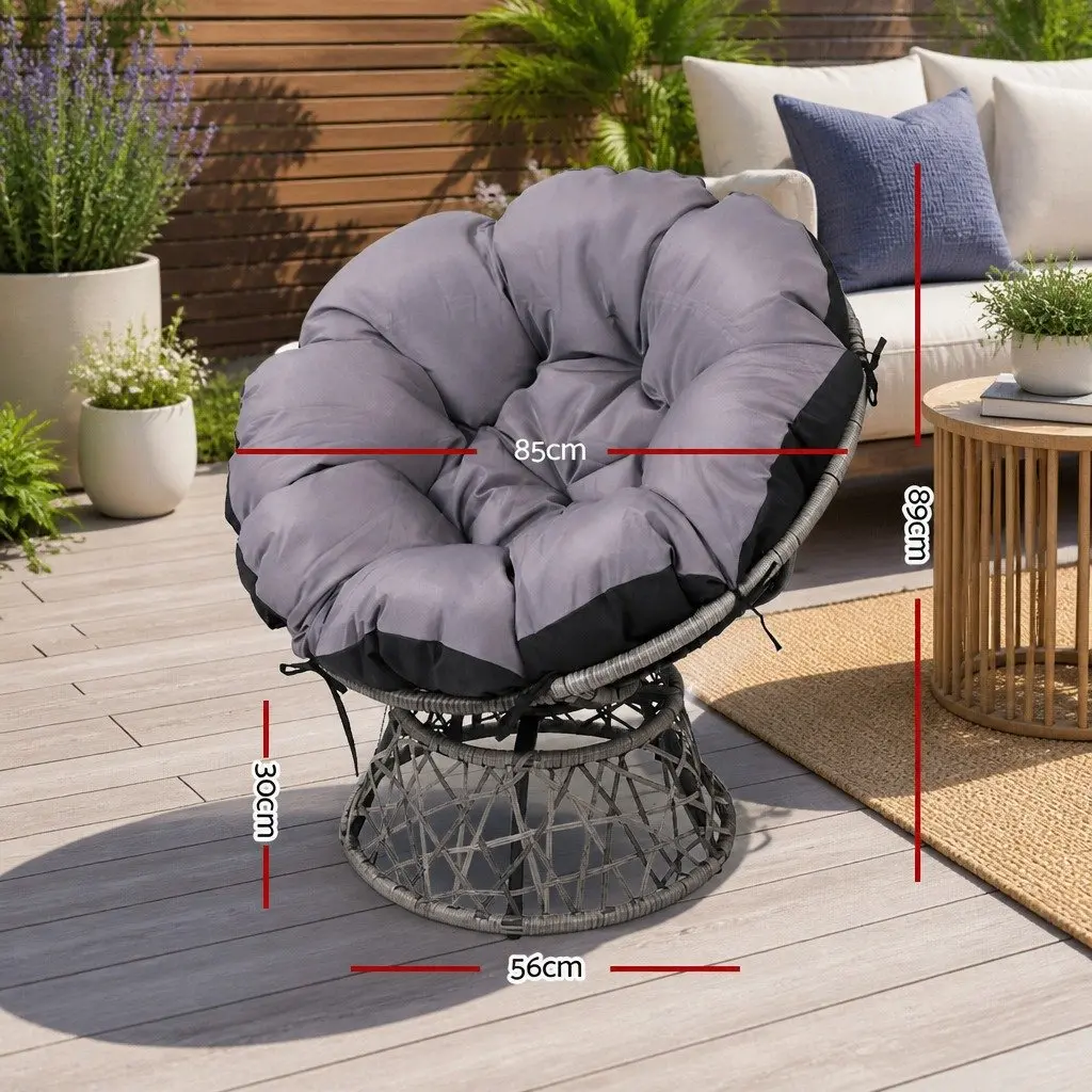 Papasan Chair Outdoor Lounge Furniture 10cm Thick Cushion Grey Wicker with Side Table
