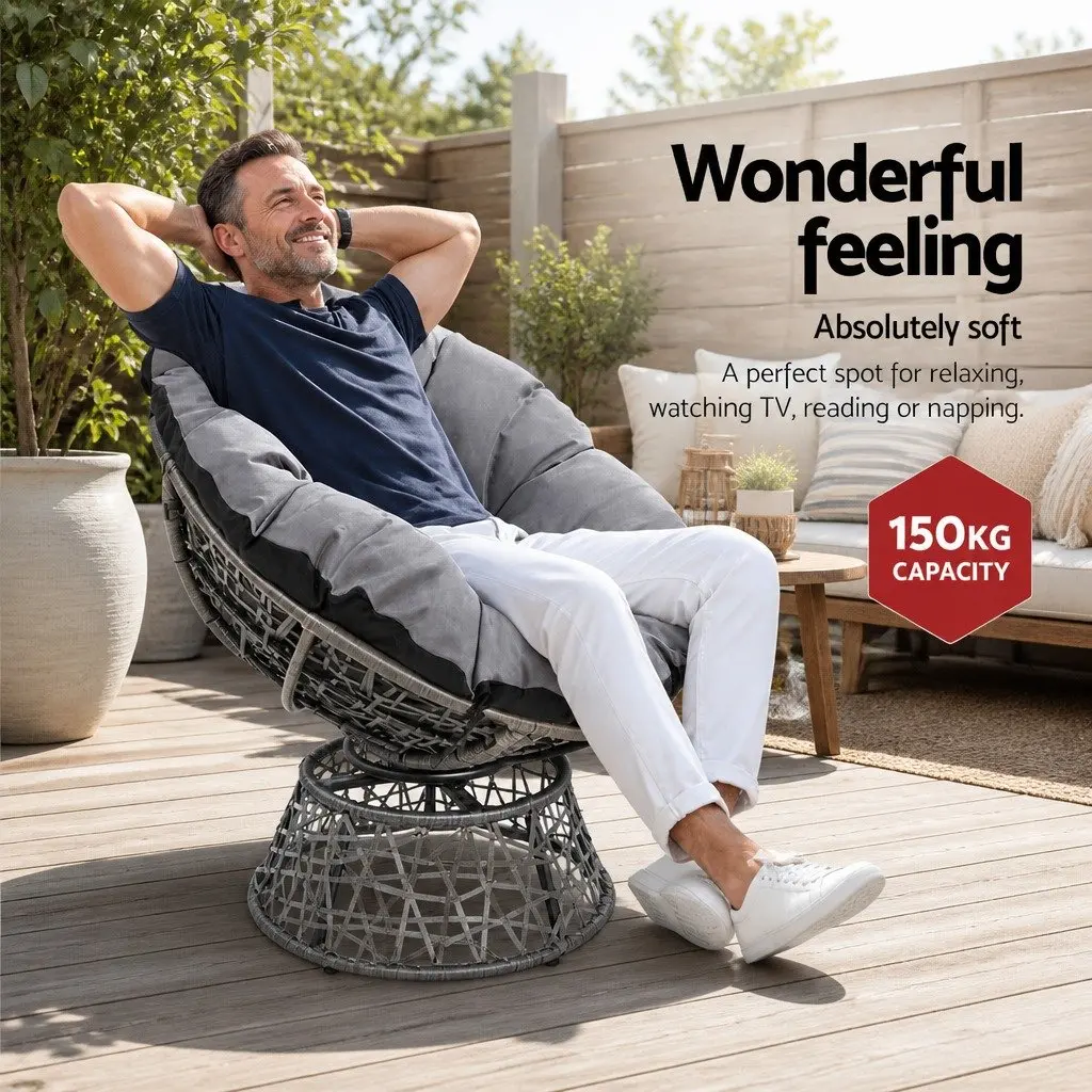 Papasan Chair Outdoor Lounge Furniture 10cm Thick Cushion Grey Wicker with Side Table