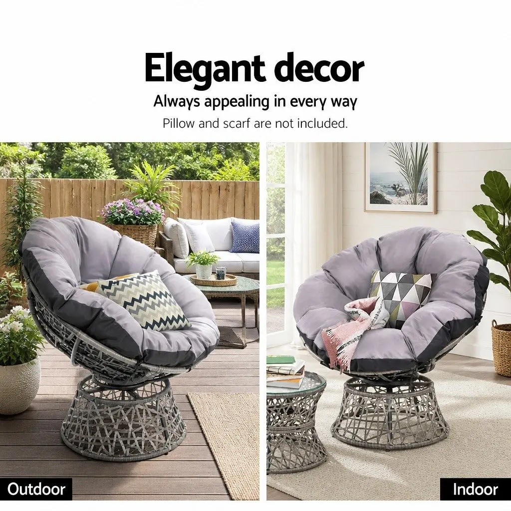 Papasan Chair Outdoor Lounge Furniture 10cm Thick Cushion Grey Wicker with Side Table
