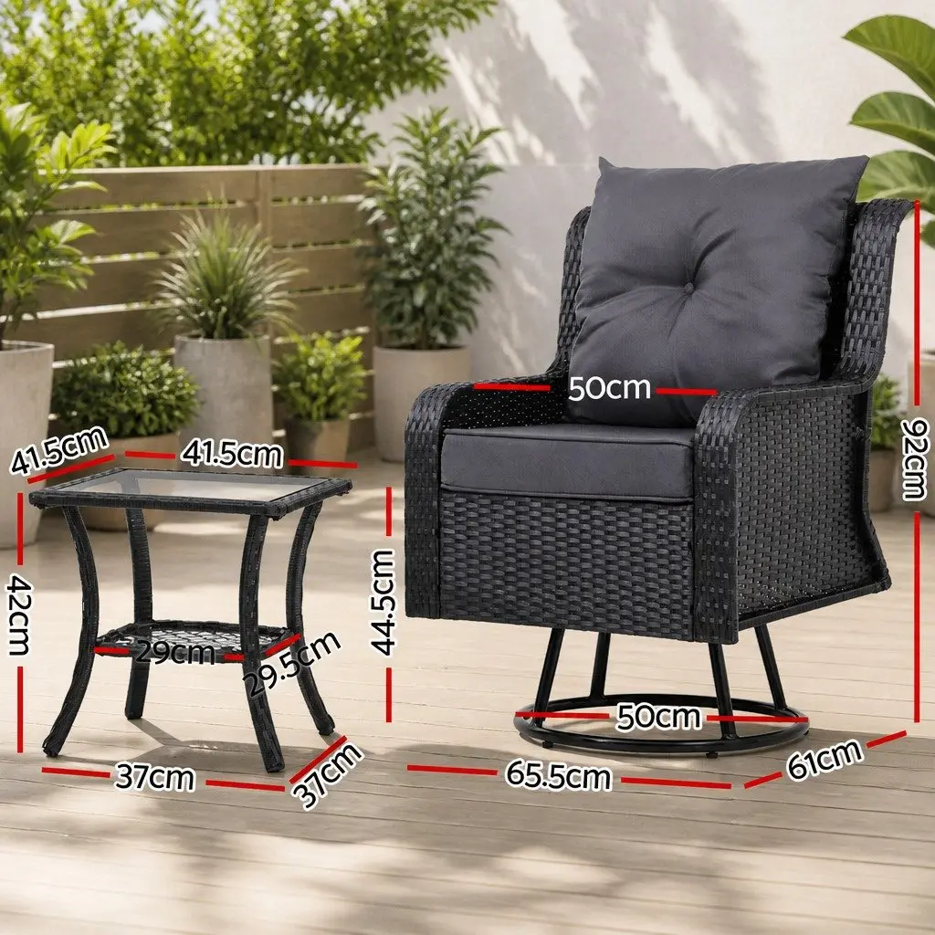 3-Piece Outdoor Swivel Chair Set Wicker Lounge Furniture Brown Cushioned Seats Glass Table