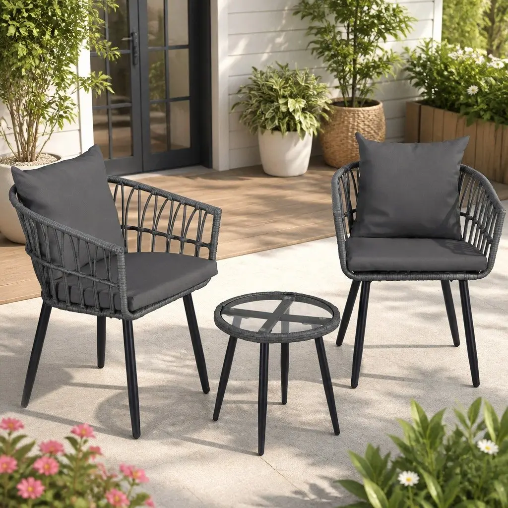 3PC Outdoor Lounge Set Grey Patio Furniture with Chairs and Coffee Table