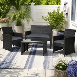 4 Piece Outdoor Wicker Sofa Set Black Rattan Chair Coffee Table Garden Furniture