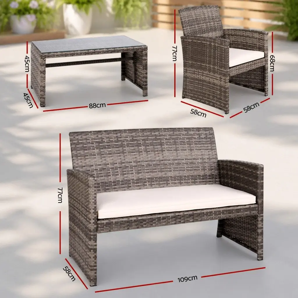 4 Piece Outdoor Sofa Set Wicker Armchair Coffee Table Grey