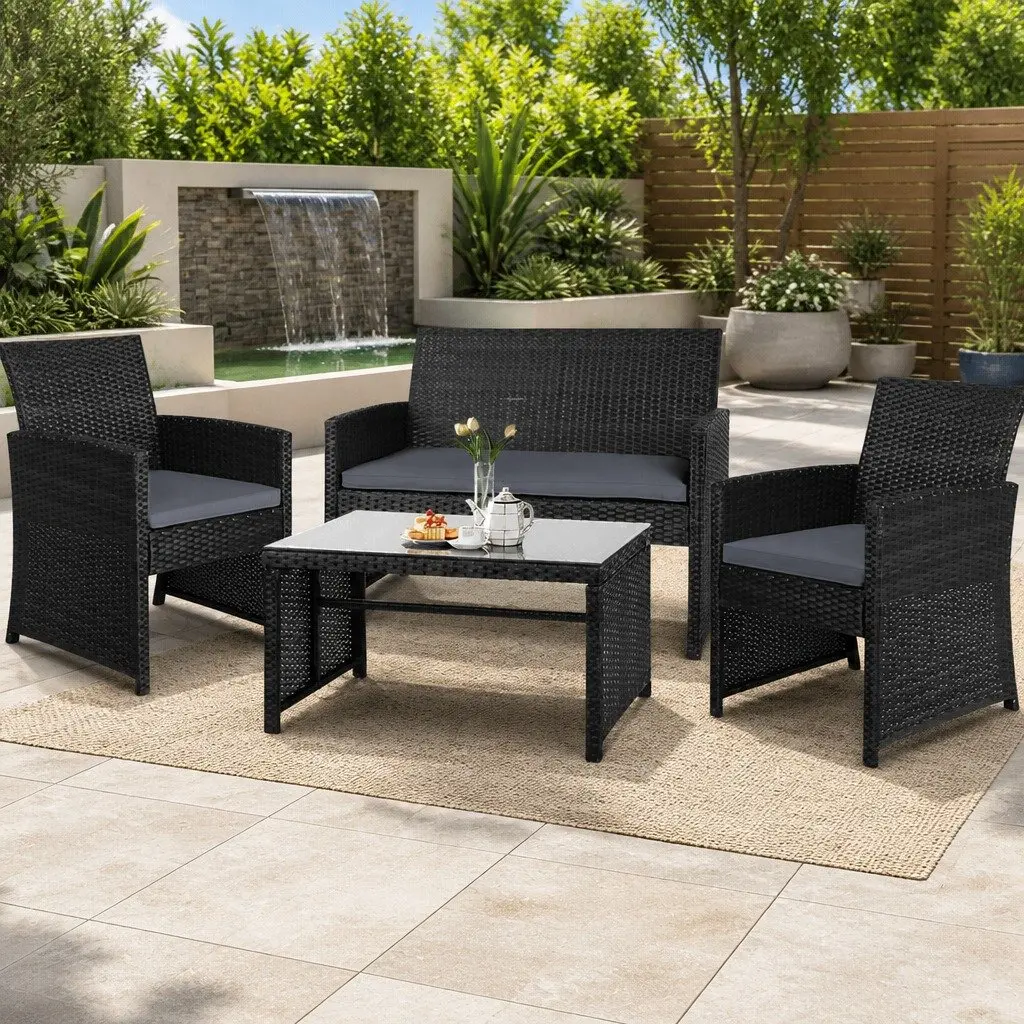 Outdoor Sofa Set 4 Piece Rattan Chair Furniture Black with Storage Cover