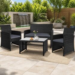Outdoor Sofa Set 4 Piece Rattan Chair Furniture with Storage Cover Black